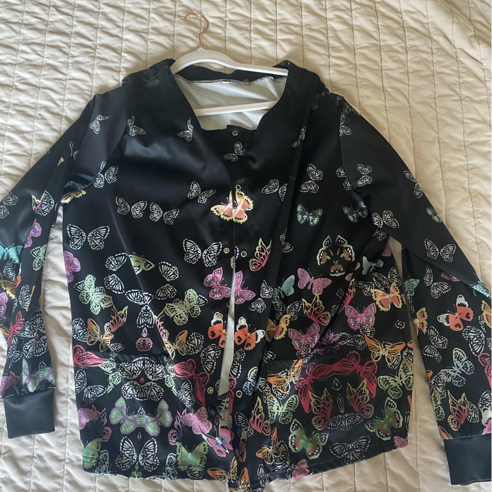 Butterfly Black Printed Scrub Jacket Pediatrics